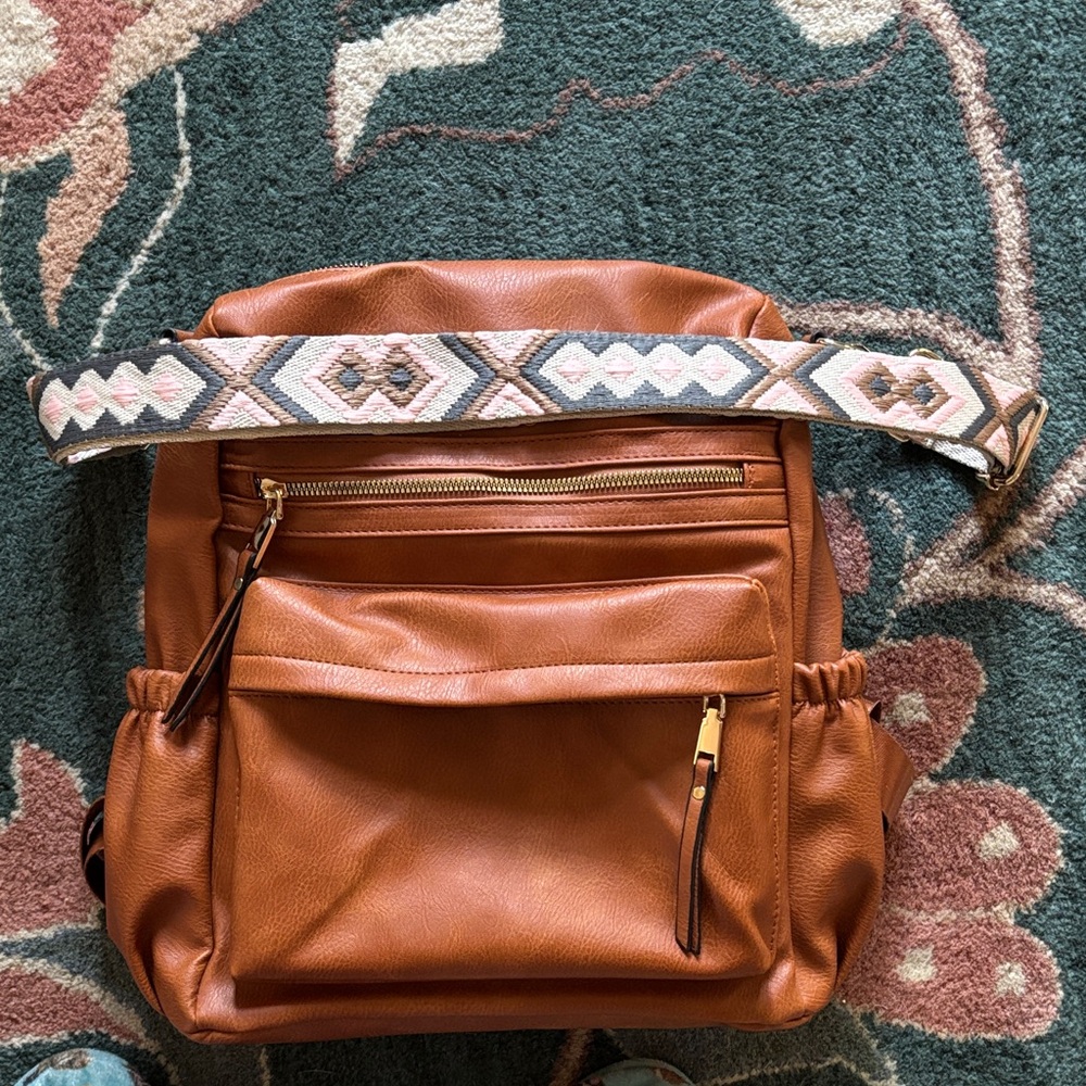 Stylish Brown Backpack With Patterned Strap - image 4